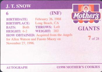 1998 Mother's Cookies San Francisco Giants #7 J.T. Snow Back