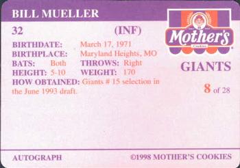 1998 Mother's Cookies San Francisco Giants #8 Bill Mueller Back
