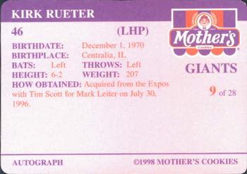 1998 Mother's Cookies San Francisco Giants #9 Kirk Rueter Back