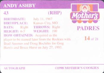 1998 Mother's Cookies San Diego Padres #14 Andy Ashby Back