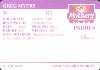 1998 Mother's Cookies San Diego Padres #15 Greg Myers Back
