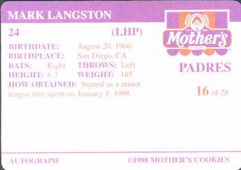 1998 Mother's Cookies San Diego Padres #16 Mark Langston Back