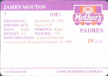 1998 Mother's Cookies San Diego Padres #19 James Mouton Back