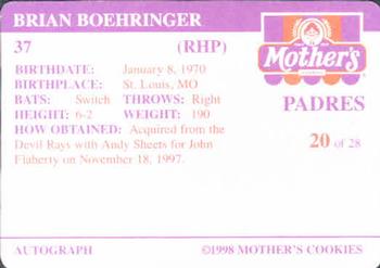 1998 Mother's Cookies San Diego Padres #20 Brian Boehringer Back
