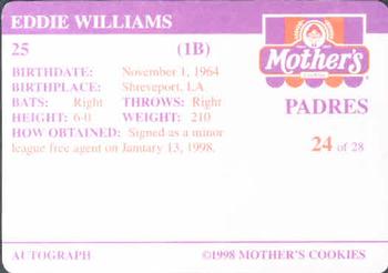 1998 Mother's Cookies San Diego Padres #24 Eddie Williams Back