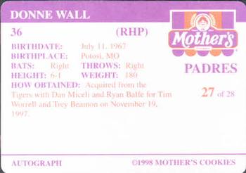 1998 Mother's Cookies San Diego Padres #27 Donne Wall Back
