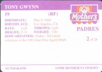 1998 Mother's Cookies San Diego Padres #2 Tony Gwynn Back