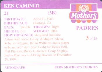 1998 Mother's Cookies San Diego Padres #3 Ken Caminiti Back