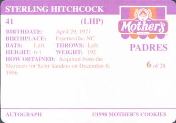1998 Mother's Cookies San Diego Padres #6 Sterling Hitchcock Back