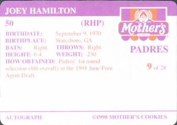 1998 Mother's Cookies San Diego Padres #9 Joey Hamilton Back