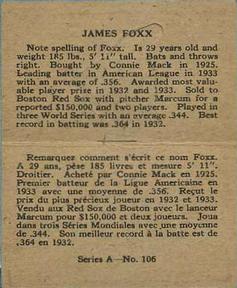 1937 O-Pee-Chee Batter Ups (V300) #106 Jimmie Foxx Back