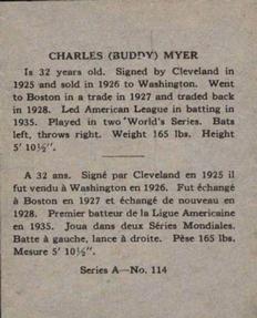 1937 O-Pee-Chee Batter Ups (V300) #114 Buddy Myer Back
