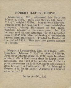 1937 O-Pee-Chee Batter Ups (V300) #137 Lefty Grove Back