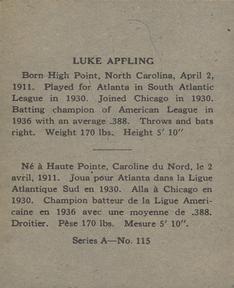 1937 O-Pee-Chee Batter Ups (V300) #115 Luke Appling Back