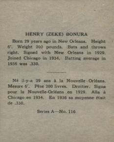 1937 O-Pee-Chee Batter Ups (V300) #116 Zeke Bonura Back