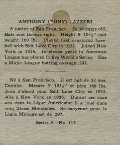 1937 O-Pee-Chee Batter Ups (V300) #117 Tony Lazzeri Back