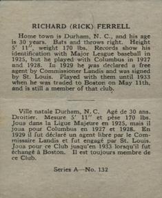 1937 O-Pee-Chee Batter Ups (V300) #132 Rick Ferrell Back