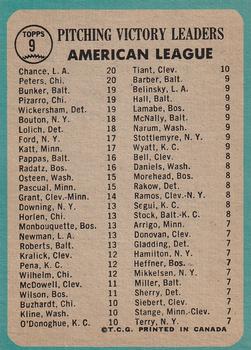 1965 O-Pee-Chee #9 American League 1964 Pitching Leaders (Dean Chance / Gary Peters / Wally Bunker / Juan Pizarro / Dave Wickersham) Back