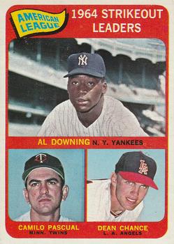 1965 O-Pee-Chee #11 American League 1964 Strikeout Leaders (Al Downing / Camilo Pascual / Dean Chance) Front