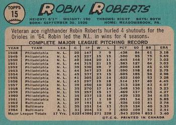 1965 O-Pee-Chee #15 Robin Roberts Back
