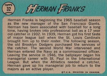 1965 O-Pee-Chee #32 Herman Franks Back
