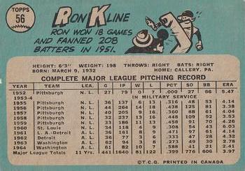 1965 O-Pee-Chee #56 Ron Kline Back