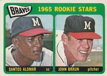 1965 O-Pee-Chee #82 Braves 1965 Rookie Stars (Santos Alomar / John Braun) Front