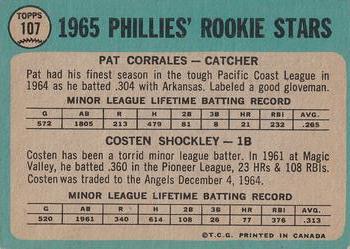 1965 O-Pee-Chee #107 Phillies 1965 Rookie Stars (Pat Corrales / Costen Shockley) Back