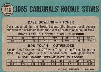 1965 O-Pee-Chee #116 Cards 1965 Rookie Stars (Dave Dowling / Bob Tolan) Back