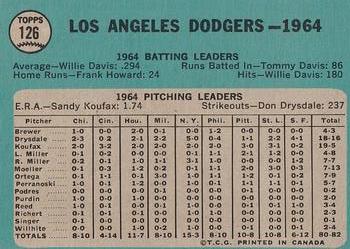 1965 O-Pee-Chee #126 Los Angeles Dodgers Back