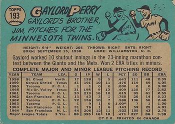 1965 O-Pee-Chee #193 Gaylord Perry Back