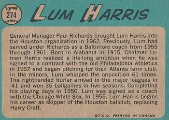 1965 O-Pee-Chee #274 Lum Harris Back