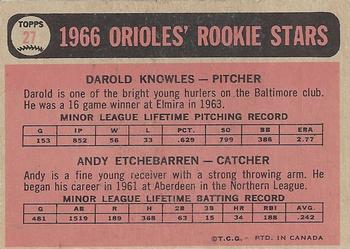 1966 O-Pee-Chee #27 Orioles 1966 Rookie Stars (Darold Knowles / Andy Etchebarren) Back