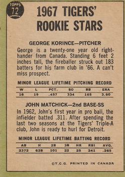1967 O-Pee-Chee #72 Tigers 1967 Rookie Stars (George Korince / Tom Matchick) Back