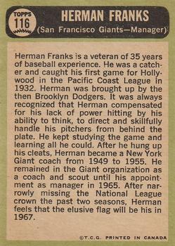 1967 O-Pee-Chee #116 Herman Franks Back