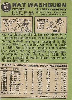 1967 O-Pee-Chee #92 Ray Washburn Back
