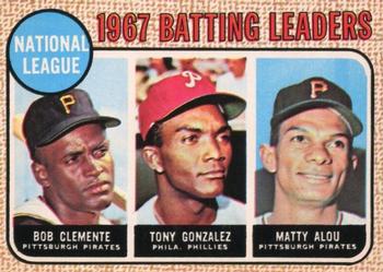 1968 O-Pee-Chee #1 National League 1967 Batting Leaders (Bob Clemente / Tony Gonzalez / Matty Alou) Front