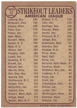 1968 O-Pee-Chee #12 American League 1967 Strikeout Leaders (Jim Lonborg / Sam McDowell / Dean Chance) Back
