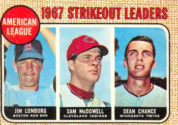 1968 O-Pee-Chee #12 American League 1967 Strikeout Leaders (Jim Lonborg / Sam McDowell / Dean Chance) Front