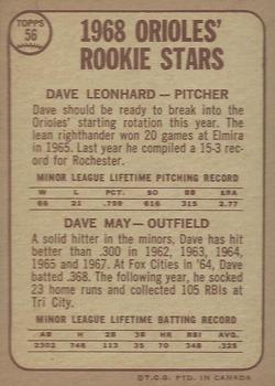 1968 O-Pee-Chee #56 Orioles 1968 Rookie Stars (Dave Leonhard / Dave May) Back