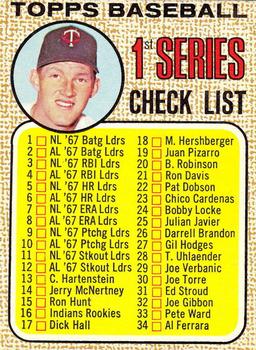 1968 O-Pee-Chee #67 1st Series Checklist 1-109 (Jim Kaat) Front