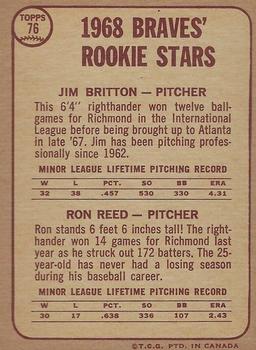 1968 O-Pee-Chee #76 Braves 1968 Rookie Stars (Jim Britton / Ron Reed) Back