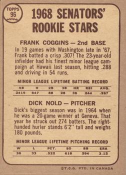 1968 O-Pee-Chee #96 Senators 1968 Rookie Stars (Frank Coggins / Dick Nold) Back