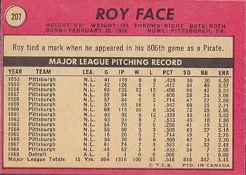 1969 O-Pee-Chee #207 Roy Face Back