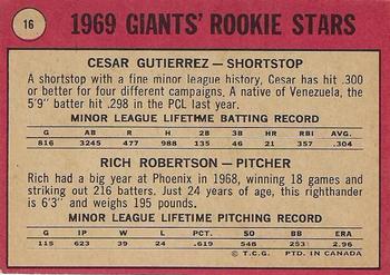 1969 O-Pee-Chee #16 Giants 1969 Rookie Stars (Cesar Gutierrez / Rich Robertson) Back