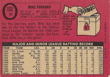 1969 O-Pee-Chee #83 Mike Ferraro Back