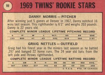 1969 O-Pee-Chee #99 Twins 1969 Rookie Stars (Danny Morris / Graig Nettles) Back