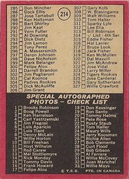 1969 O-Pee-Chee #214 3rd Series Check List 219-327 / Special Autographed Photos Check List Back