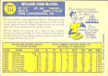 1970 O-Pee-Chee #314 Bill McCool Back
