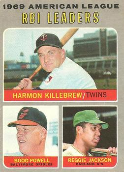1970 O-Pee-Chee #64 1969 American League RBI Leaders (Harmon Killebrew / Boog Powell / Reggie Jackson) Front